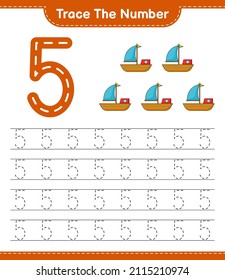 Trace the number. Tracing number with Boat. Educational children game, printable worksheet, vector illustration