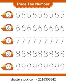 Trace the number. Tracing number with Boat. Educational children game, printable worksheet, vector illustration