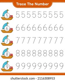 Trace the number. Tracing number with Boat. Educational children game, printable worksheet, vector illustration