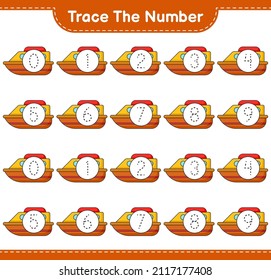 Trace the number. Tracing number with Boat. Educational children game, printable worksheet, vector illustration