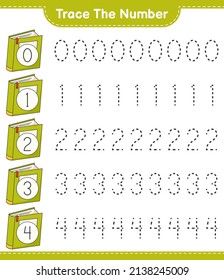 Trace the number. Tracing number with Book. Educational children game, printable worksheet, vector illustration