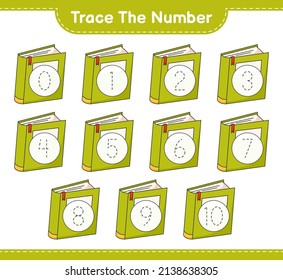 Rastrear el número. Número de seguimiento con Libro. Juego infantil educativo, hoja de cálculo imprimible, ilustración vectorial