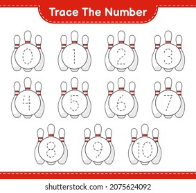 Rastrear el número. Número de seguimiento con Bowling Pin. Juego infantil educativo, hoja de cálculo imprimible, ilustración vectorial