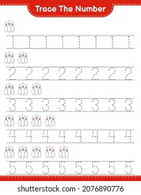 Rastrear el número. Número de seguimiento con Bowling Pin. Juego infantil educativo, hoja de cálculo imprimible, ilustración vectorial