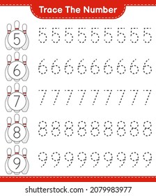 Trace the number. Tracing number with Bowling Pin. Educational children game, printable worksheet, vector illustration