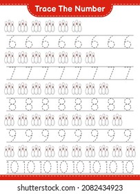 Trace the number. Tracing number with Bowling Pin. Educational children game, printable worksheet, vector illustration