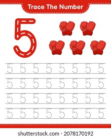 Rastrear el número. Número de seguimiento con guantes de boxeo. Juego infantil educativo, hoja de cálculo imprimible, ilustración vectorial