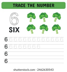 Trace the number. Tracing number with broccoli. Educational game  for kindergarten and preschoolers. Printable sheet. Vector illustration
