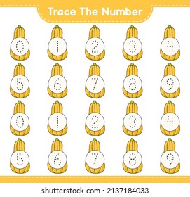 Trace the number. Tracing number with Butternut Squash. Educational children game, printable worksheet, vector illustration