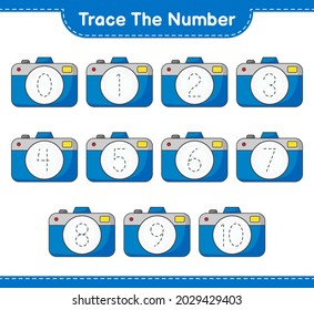 Trace the number. Tracing number with Camera. Educational children game, printable worksheet, vector illustration