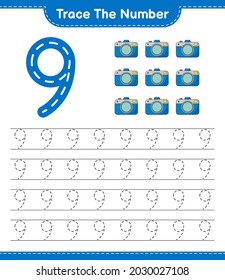 Trace the number. Tracing number with Camera. Educational children game, printable worksheet, vector illustration