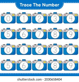 Trace the number. Tracing number with Camera. Educational children game, printable worksheet, vector illustration