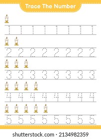 Trace the number. Tracing number with Candle. Educational children game, printable worksheet, vector illustration