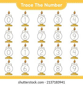 Trace the number. Tracing number with Candle. Educational children game, printable worksheet, vector illustration