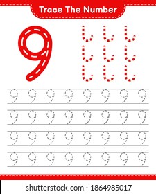 Rastrear el número. Número de seguimiento con Candy Canes. Juego infantil educativo, hoja de cálculo imprimible, ilustración vectorial