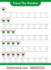 Trace the number. Tracing number with Candy Canes. Educational children game, printable worksheet, vector illustration