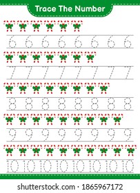 Rastrear el número. Número de seguimiento con Candy Canes. Juego infantil educativo, hoja de cálculo imprimible, ilustración vectorial