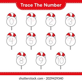 Trace the number. Tracing number with Candy. Educational children game, printable worksheet, vector illustration