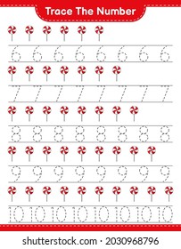 Trace the number. Tracing number with Candy. Educational children game, printable worksheet, vector illustration
