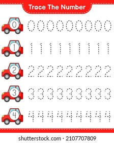 Trace the number. Tracing number with Car. Educational children game, printable worksheet, vector illustration