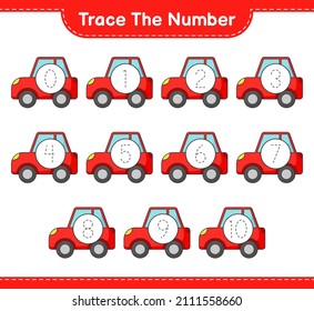 Trace the number. Tracing number with Car. Educational children game, printable worksheet, vector illustration