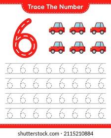 Rastrear el número. Número de seguimiento con coche. Juego infantil educativo, hoja de cálculo imprimible, ilustración vectorial