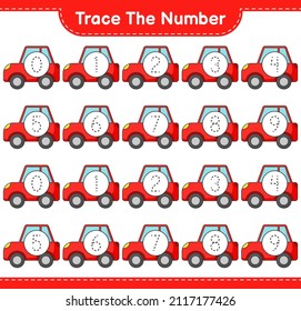 Trace the number. Tracing number with Car. Educational children game, printable worksheet, vector illustration