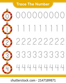 Trace the number. Tracing number with Christmas Ball. Educational children game, printable worksheet, vector illustration