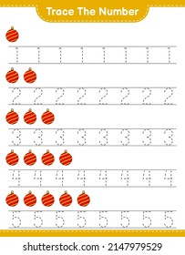 Trace the number. Tracing number with Christmas Ball. Educational children game, printable worksheet, vector illustration