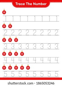 Trace the number. Tracing number with Christmas Balls. Educational children game, printable worksheet, vector illustration