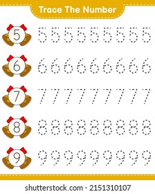 Trace the number. Tracing number with Christmas Bell. Educational children game, printable worksheet, vector illustration