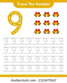 Rastrear el número. Número de seguimiento con la Campana de Navidad. Juego infantil educativo, hoja de cálculo imprimible, ilustración vectorial