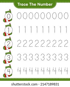 Rastrear el número. Número de seguimiento con el muelle de Navidad. Juego infantil educativo, hoja de cálculo imprimible, ilustración vectorial
