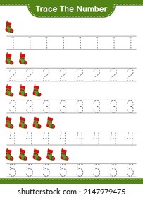 Trace the number. Tracing number with Christmas Sock. Educational children game, printable worksheet, vector illustration