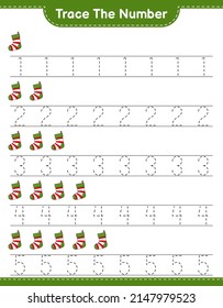 Rastrear el número. Número de seguimiento con el muelle de Navidad. Juego infantil educativo, hoja de cálculo imprimible, ilustración vectorial