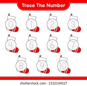 Trace the number. Tracing number with Christmas Sock. Educational children game, printable worksheet, vector illustration
