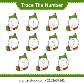Trace the number. Tracing number with Christmas Sock. Educational children game, printable worksheet, vector illustration