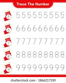 Trace the number. Tracing number with Christmas Stocking. Educational children game, printable worksheet, vector illustration