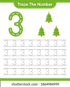 Trace the number. Tracing number with Christmas Tree. Educational children game, printable worksheet, vector illustration