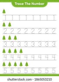 Trace the number. Tracing number with Christmas Tree. Educational children game, printable worksheet, vector illustration