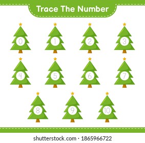 Trace the number. Tracing number with Christmas Tree. Educational children game, printable worksheet, vector illustration