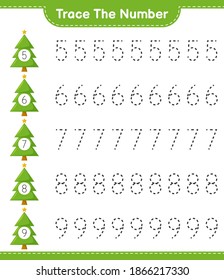 Rastrear el número. Número de seguimiento con árbol de Navidad. Juego infantil educativo, hoja de cálculo imprimible, ilustración vectorial
