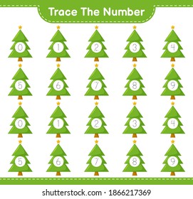 Trace the number. Tracing number with Christmas Tree. Educational children game, printable worksheet, vector illustration