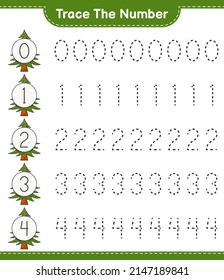 Trace the number. Tracing number with Christmas Tree. Educational children game, printable worksheet, vector illustration