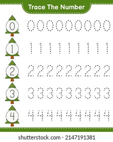 Trace the number. Tracing number with Christmas Tree. Educational children game, printable worksheet, vector illustration