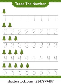 Rastrear el número. Número de seguimiento con árbol de Navidad. Juego infantil educativo, hoja de cálculo imprimible, ilustración vectorial