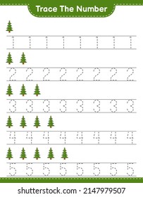 Trace the number. Tracing number with Christmas Tree. Educational children game, printable worksheet, vector illustration