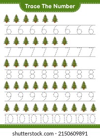 Trace the number. Tracing number with Christmas Tree. Educational children game, printable worksheet, vector illustration