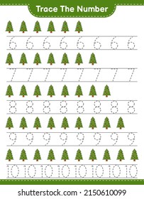 Rastrear el número. Número de seguimiento con árbol de Navidad. Juego infantil educativo, hoja de cálculo imprimible, ilustración vectorial