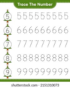 Trace the number. Tracing number with Christmas Tree. Educational children game, printable worksheet, vector illustration